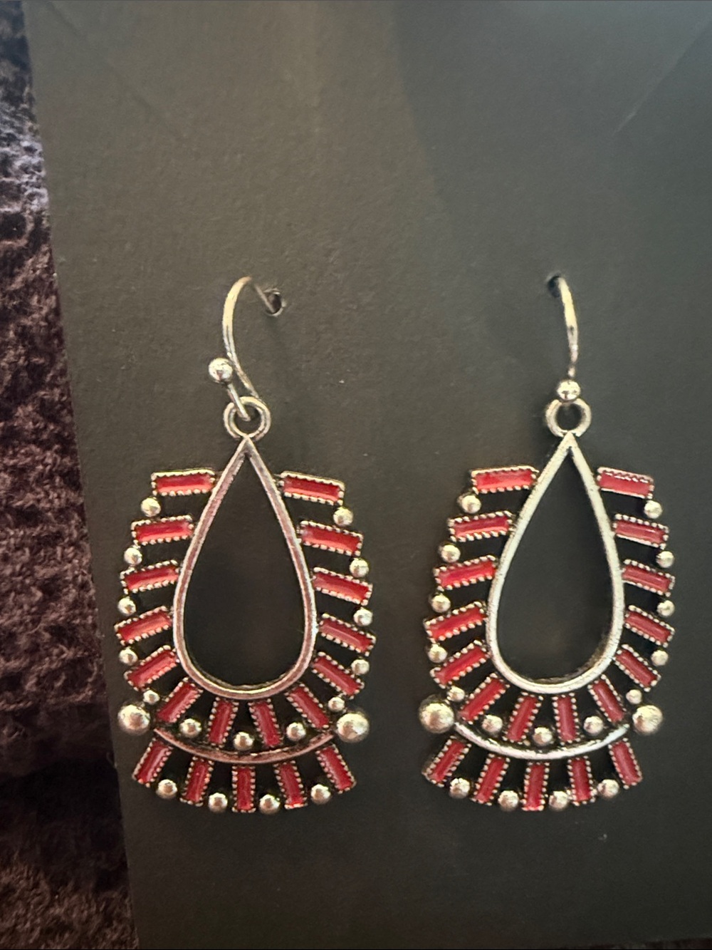 Boho Teardrop Dangle Earrings with Red Accents
